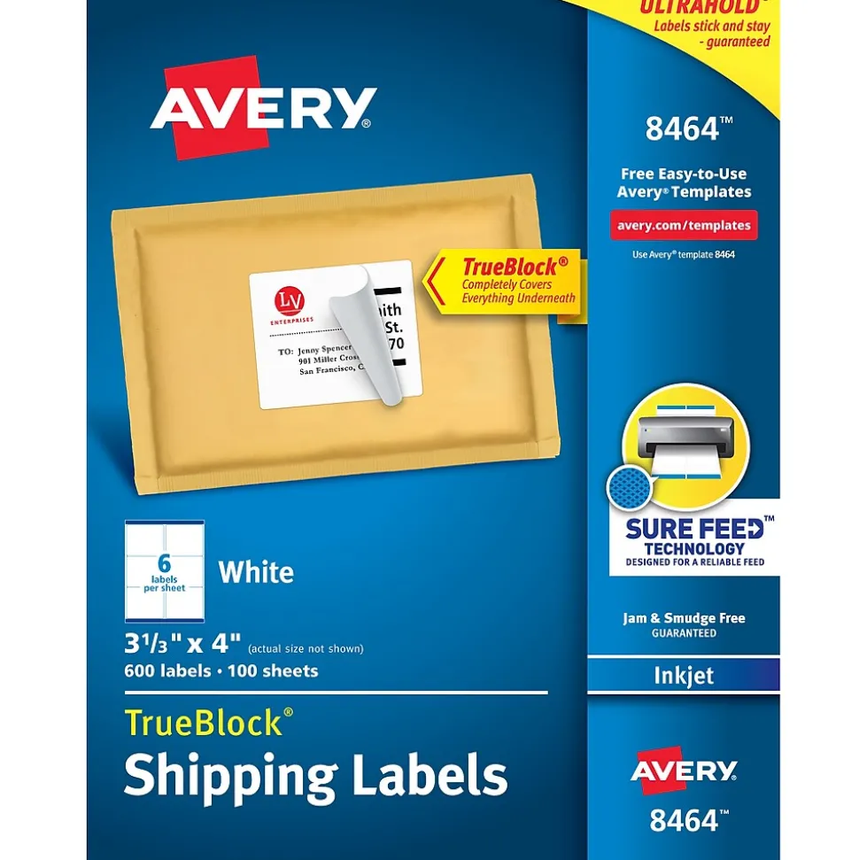 TrueBlock Inkjet Shipping Labels, 3-1/3" x 4", White, 600 Labels/Box (8464) | Avery Best