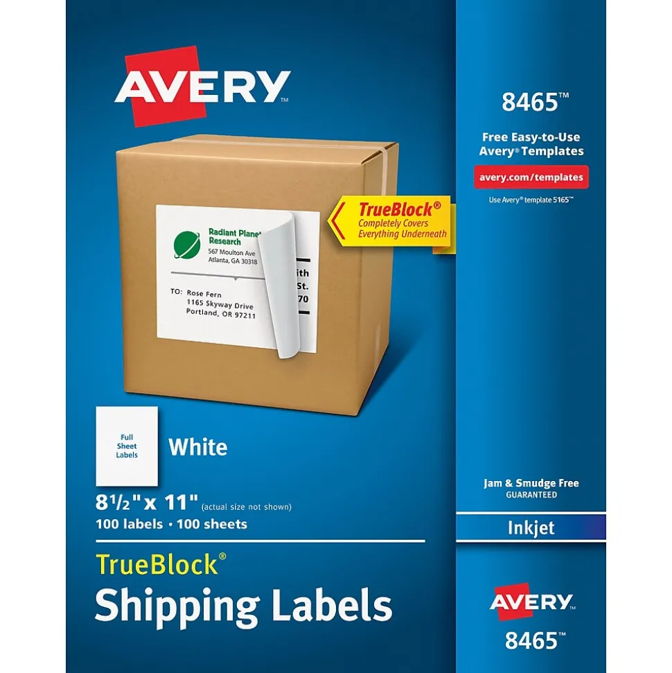 TrueBlock Inkjet Shipping Labels, 8-1/2" x 11", White, 100 Labels/Box (8465) | Avery Outlet