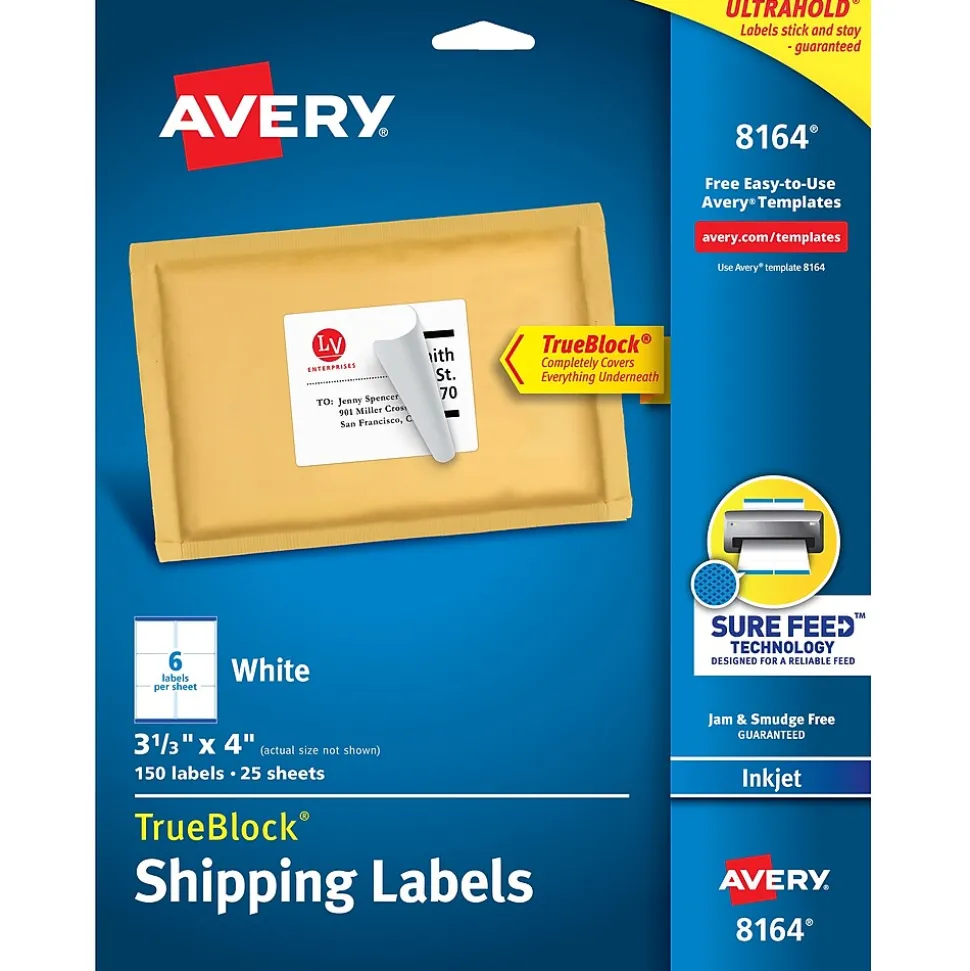 TrueBlock Inkjet Shipping Labels, 3-1/3" x 4", White, 150 Labels/Pack (8164) | Avery Sale