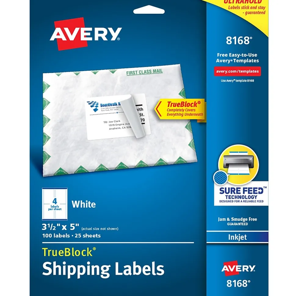 TrueBlock Inkjet Shipping Labels, 3-1/2" x 5", White, 100 Labels/Pack (8168) | Avery Best