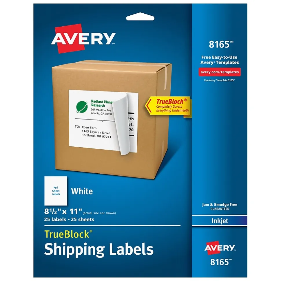 TrueBlock Inkjet Shipping Labels, 8-1/2" x 11", White, 25 Labels/Pack (8165) | Avery Best