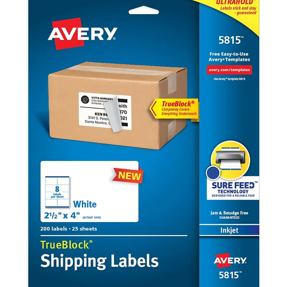 TrueBlock Inkjet Shipping Labels, 2-1/2" x 4", White, 200 Labels/Pack (5815) | Avery Best Sale