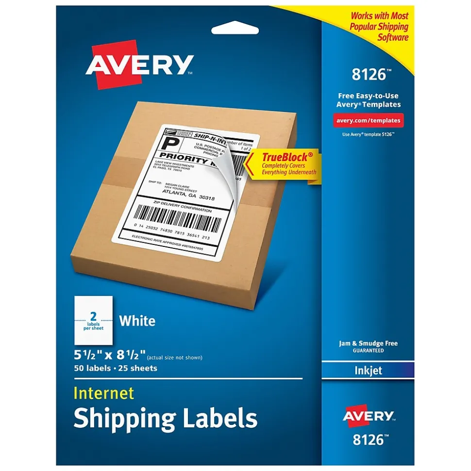 TrueBlock Inkjet Shipping Labels, 5-1/2" x 8-1/2", White, 50 Labels/Pack (8126) | Avery Store