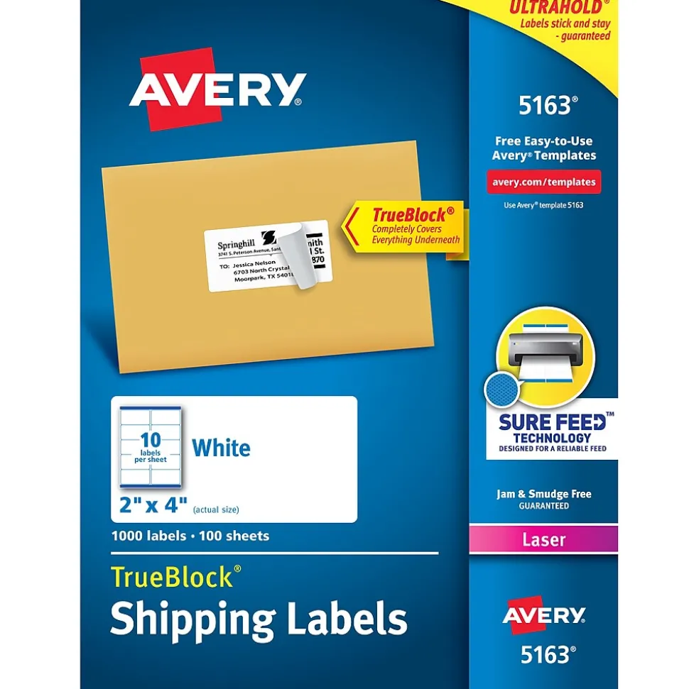 TrueBlock Laser Shipping Labels, 2" x 4", White, 1,000 Labels/Box (5163) | Avery Online