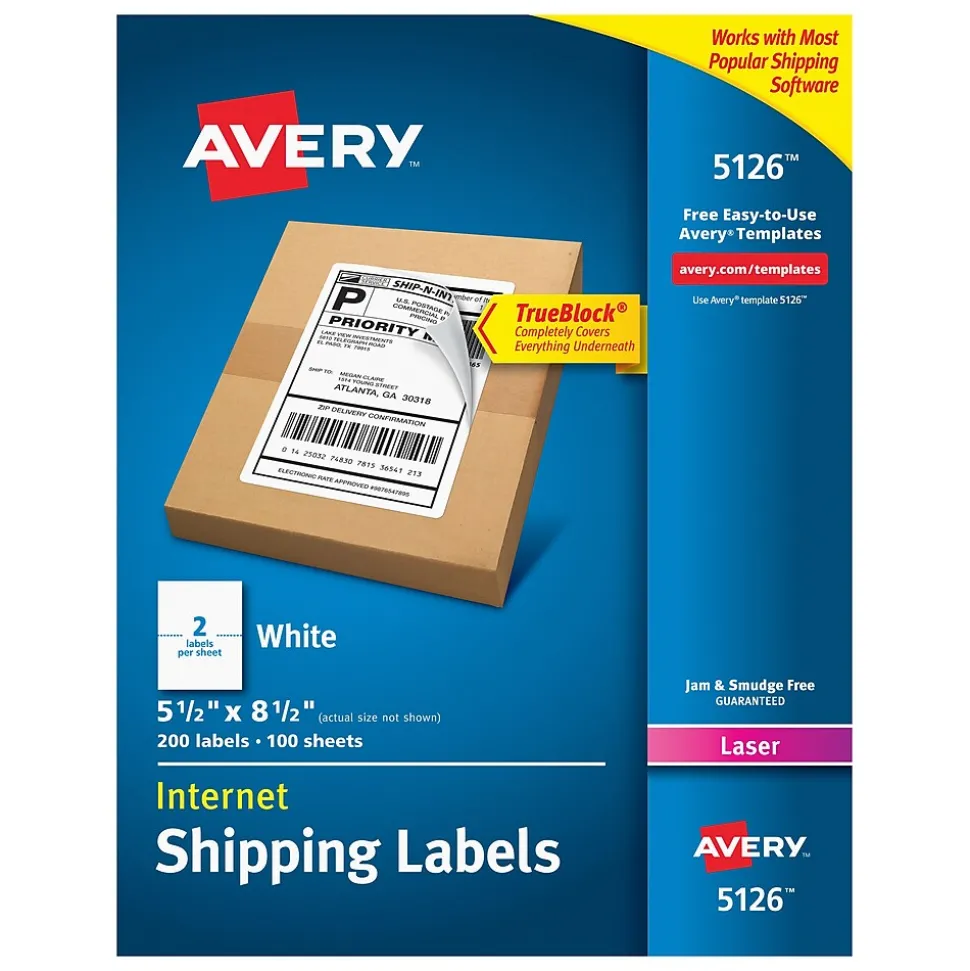 TrueBlock Laser Shipping Labels, 5-1/2" x 8-1/2", White, 200 Labels/Box (5126) | Avery Outlet