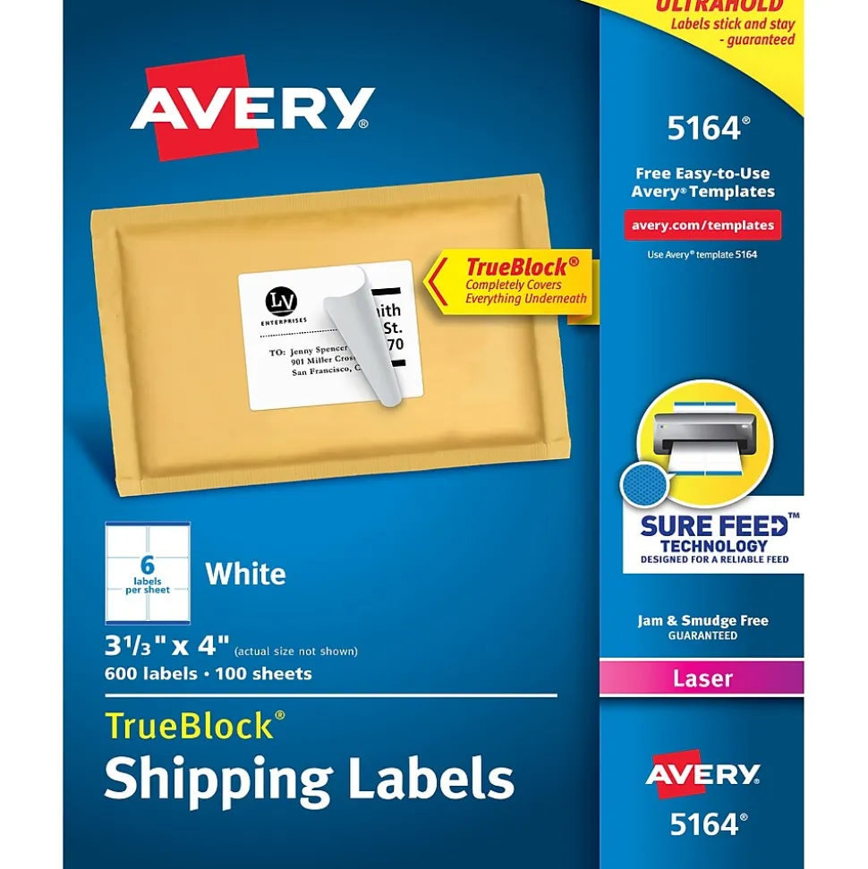 TrueBlock Laser Shipping Labels, 3-1/3" x 4", White, 600 Labels/Box (5164) | Avery Best