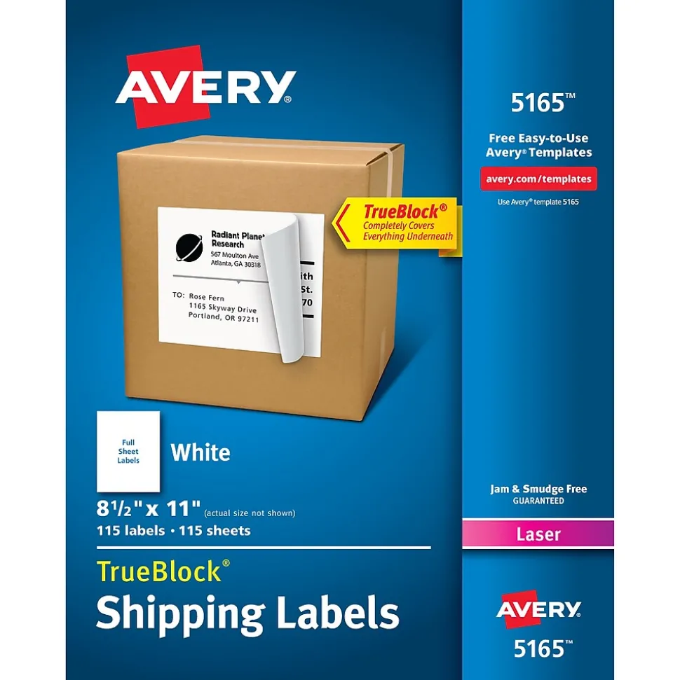 TrueBlock Laser Shipping Labels, 8-1/2" x 11", White, 100 Labels/Box (5165) | Avery Fashion