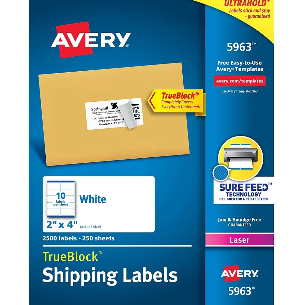 TrueBlock Laser Shipping Labels, 2" x 4", White, 2,500 Labels/Box (5963) | Avery Clearance