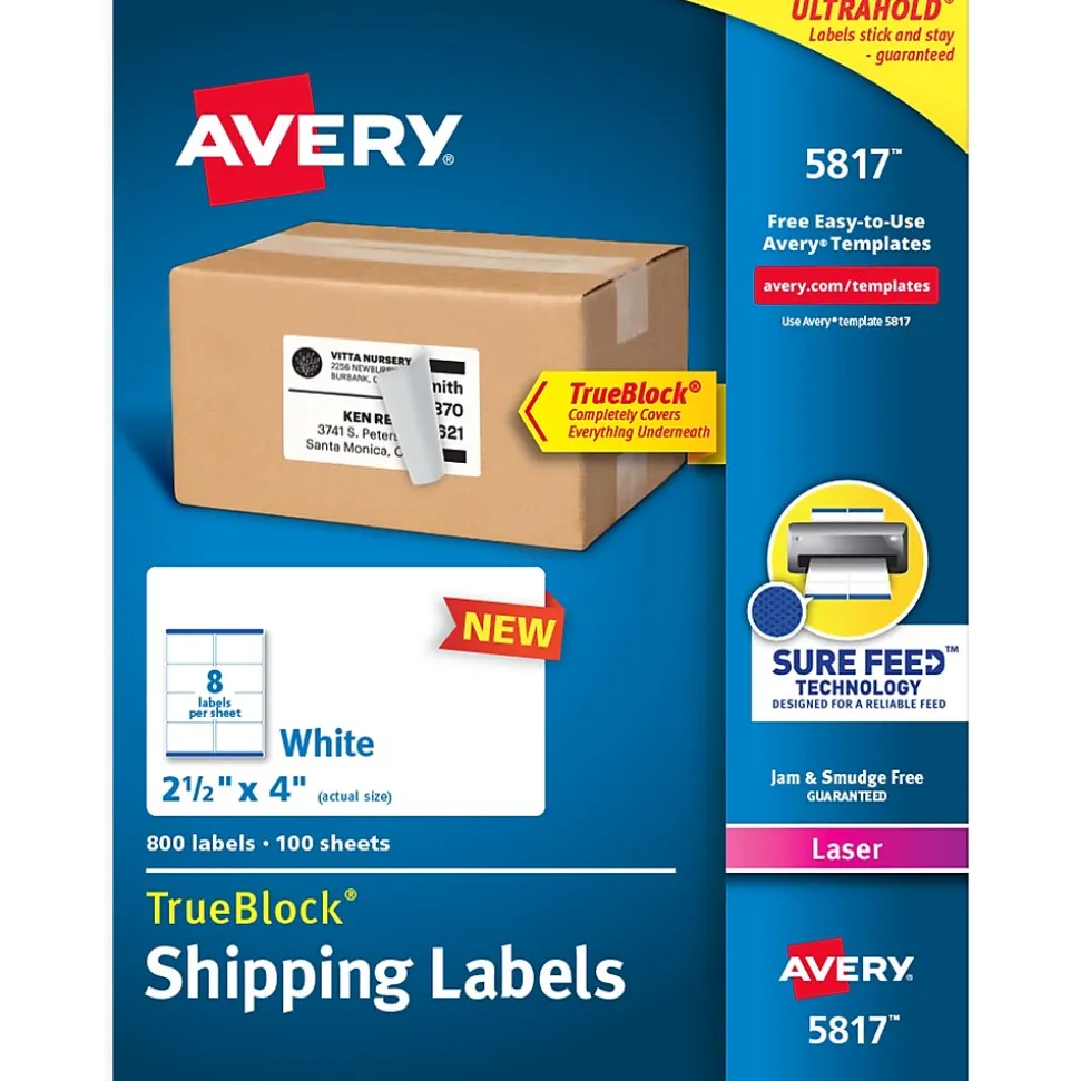 TrueBlock Laser Shipping Labels, 2-1/2" x 4", White, 800 Labels/Box (5817) | Avery Discount