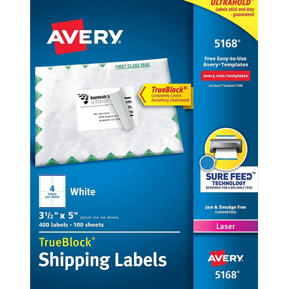 TrueBlock Laser Shipping Labels, 3-1/2" x 5", White, 400 Labels/Box (5168) | Avery Clearance