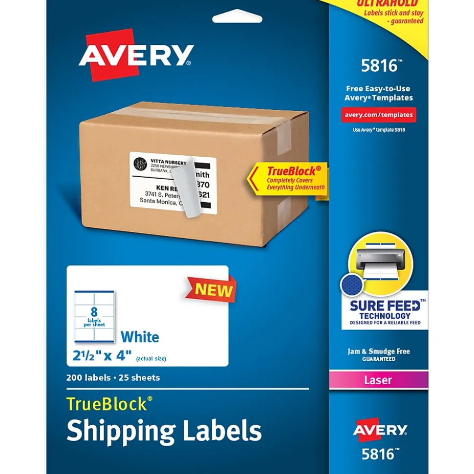 TrueBlock Laser Shipping Labels, 2-1/2" x 4", White, 200 Labels/Pack (5816) | Avery Store