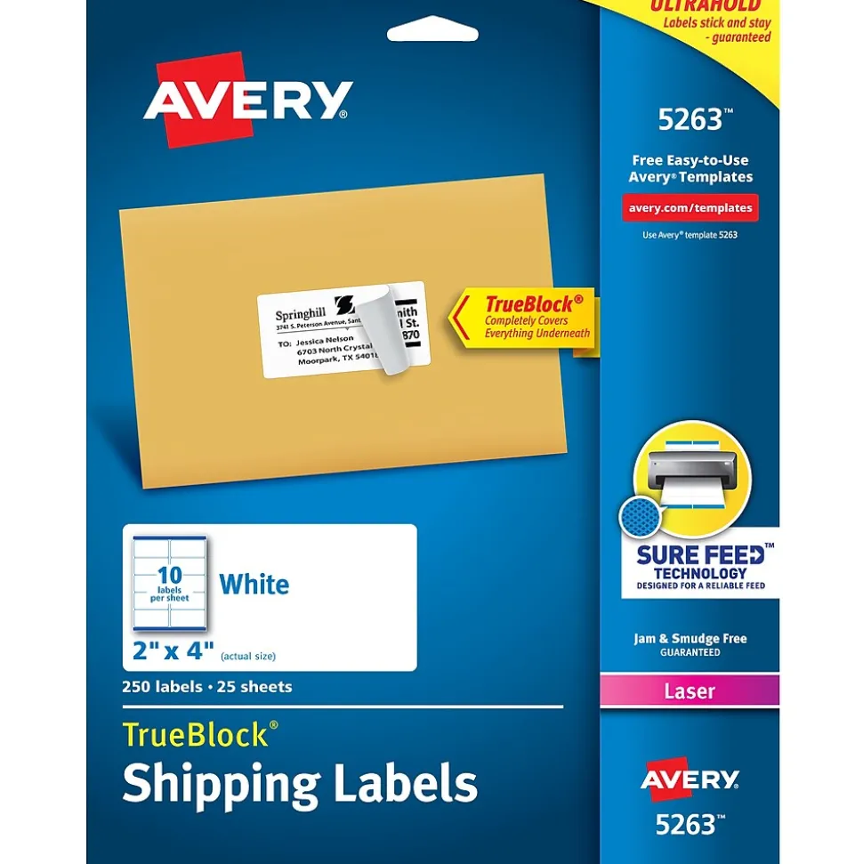 TrueBlock Laser Shipping Labels, 2" x 4", White, 250 Labels/Pack (5263) | Avery Sale