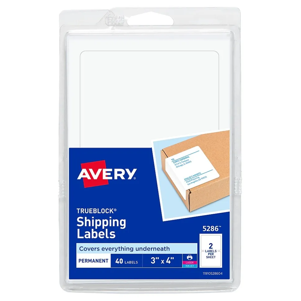 TrueBlock Laser/Inkjet Shipping Labels, 3" x 4", White, 40 Labels/Pack (5286) | Avery Clearance