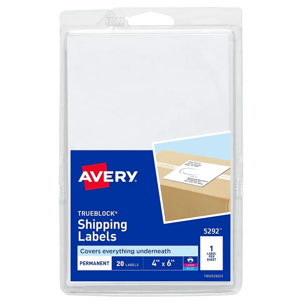 TrueBlock Laser/Inkjet Shipping Labels, 4" x 6", White, 20 Labels/Pack (5292) | Avery Online