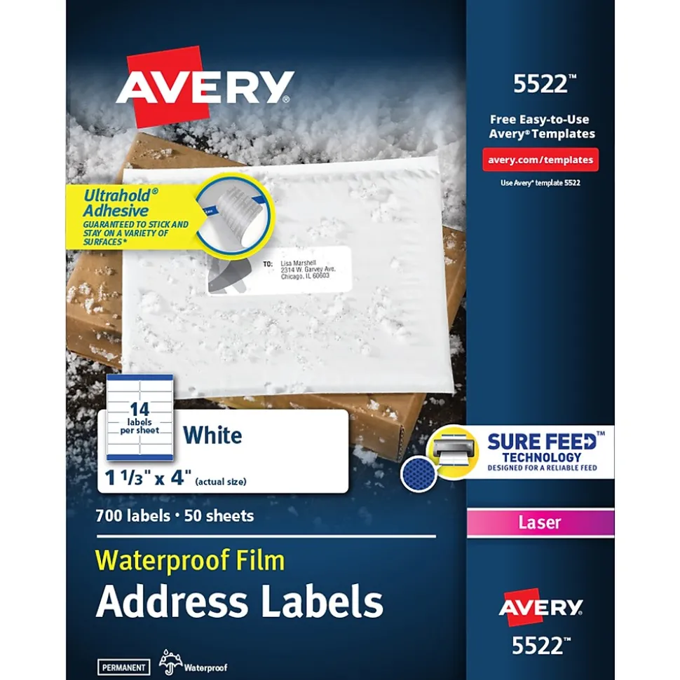 Waterproof Laser Address Labels, 1-1/3" x 4", Matte White, 700 Labels/Box (5522) | Avery Online