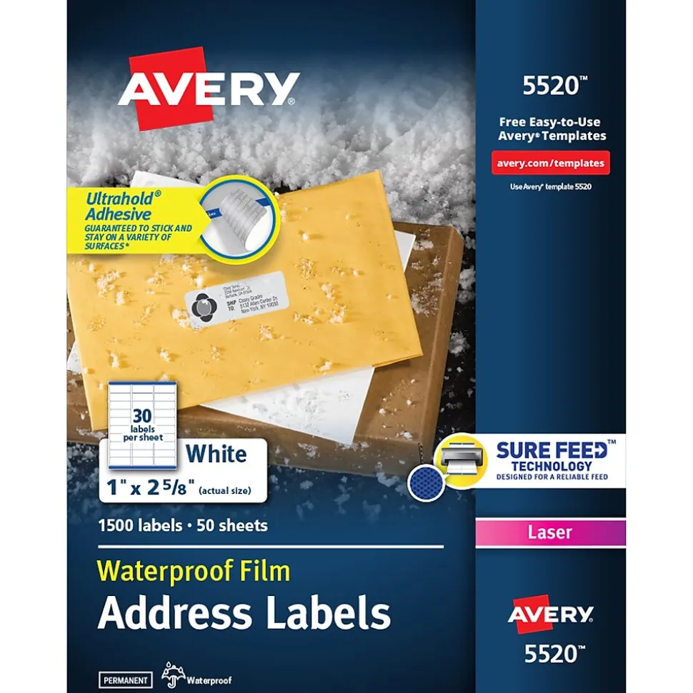 Waterproof Laser Address Labels, 1" x 2-5/8", Matte White, 1,500 Labels/Box (5520) | Avery Store