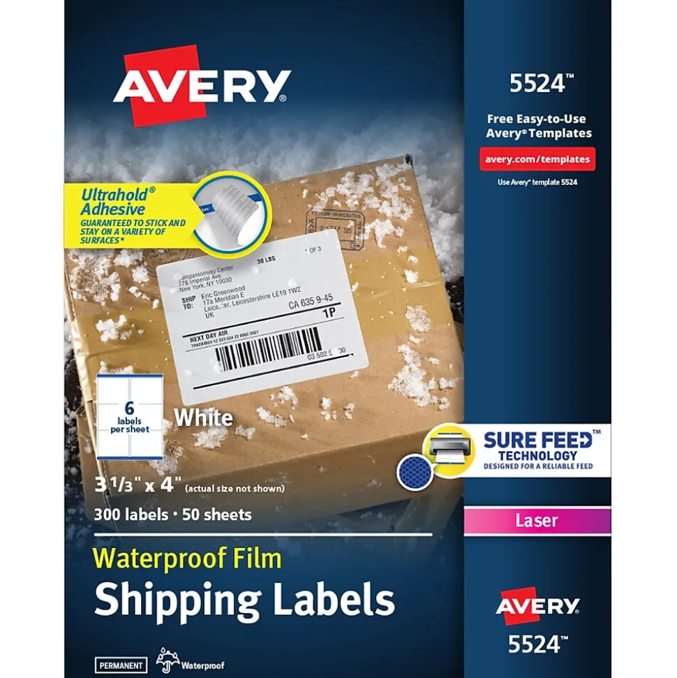 Waterproof Laser Shipping Labels, 3-1/3" x 4", Matte White, 300 Labels/Box (5524) | Avery Fashion