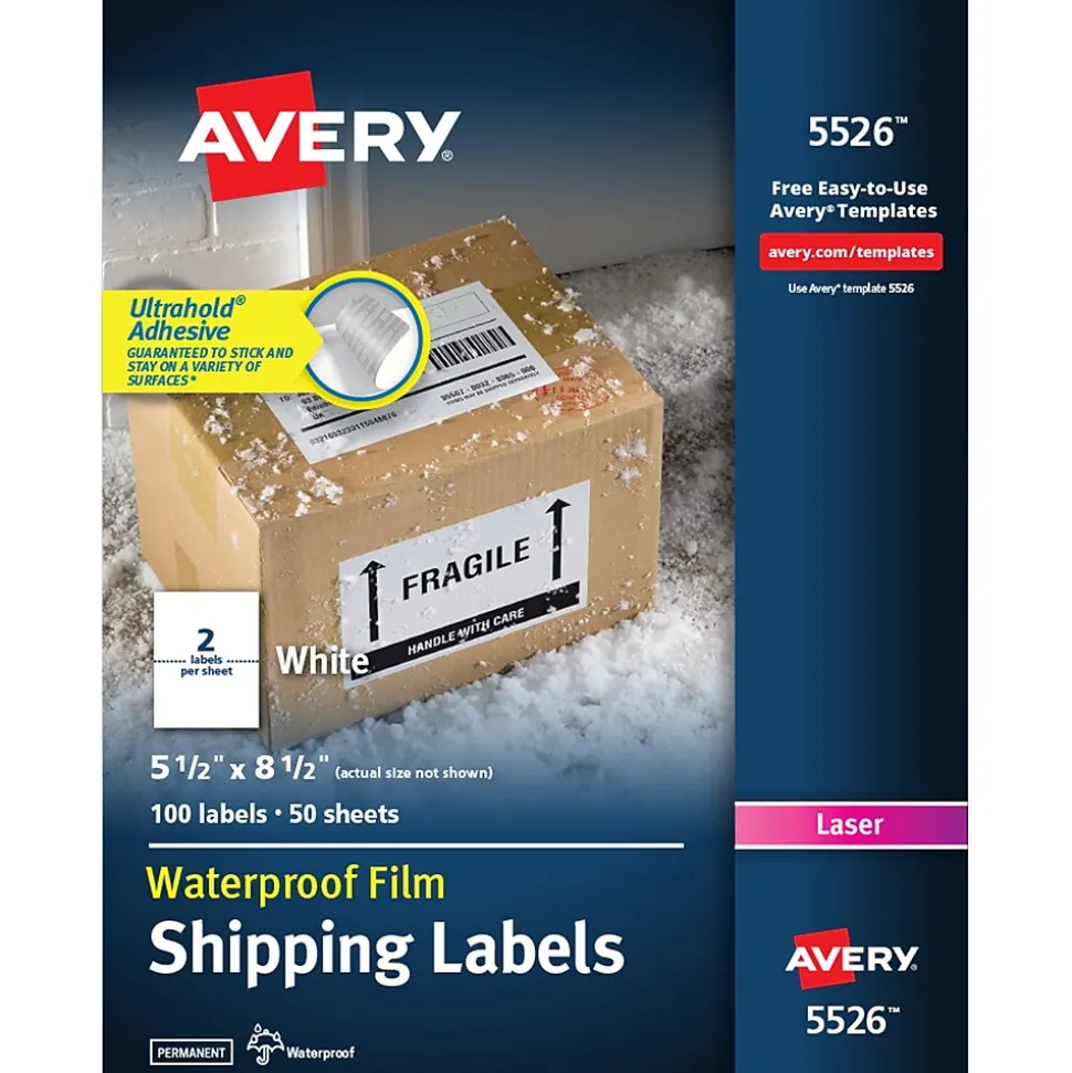 Waterproof Laser Shipping Labels, 5-1/2" x 8-1/2", Matte White, 100 Labels/Box (5526) | Avery Outlet