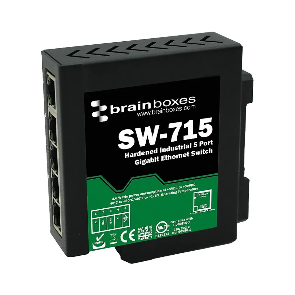 Industrial 5-Port Gigabit Ethernet Unmanaged Switch, 10/100/1000 Mbps, Black (SW-715) | Brainboxes Store