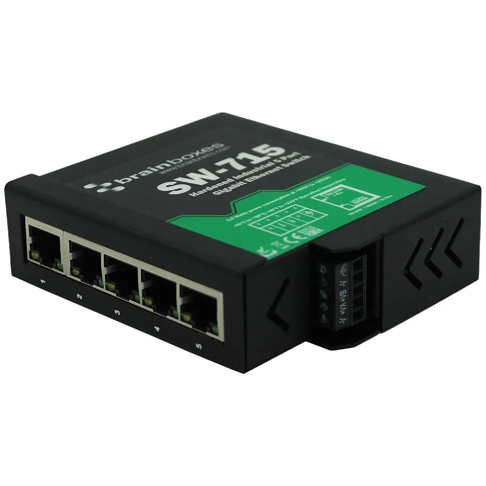 Industrial 5-Port Gigabit Ethernet Unmanaged Switch, 10/100/1000 Mbps, Black (SW-715) | Brainboxes Store