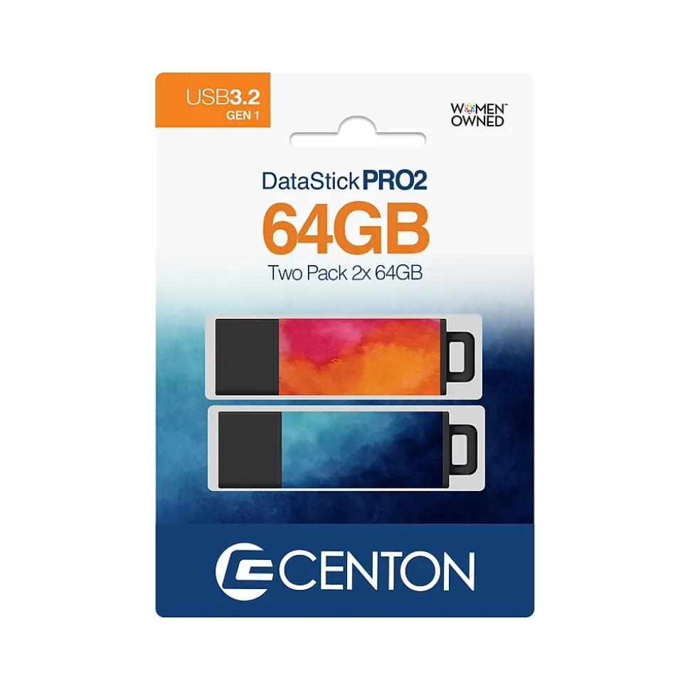 DataStick Pro 2 64GB USB 3.2 Type-A Flash Drives, Watercolor Blue/Watercolor Orange, 2/Pack (C1-U3T0AY-64G-2) | Centon Best Sale