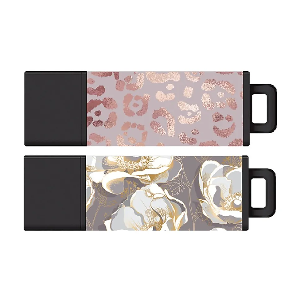 Datastick Pro2 32GB USB 2.0 Type A Flash Drive, Rose Gold Leopard/Gold Anemone Flowers, 2/Pack (S1-U2T060-32G-2) | Centon Best