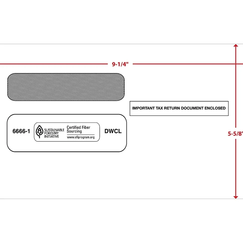 Moistenable Glue Security Tinted Double-Window Tax Envelopes, 5 5/8" x 9.25", 50/Pack (6666150) | ComplyRight New