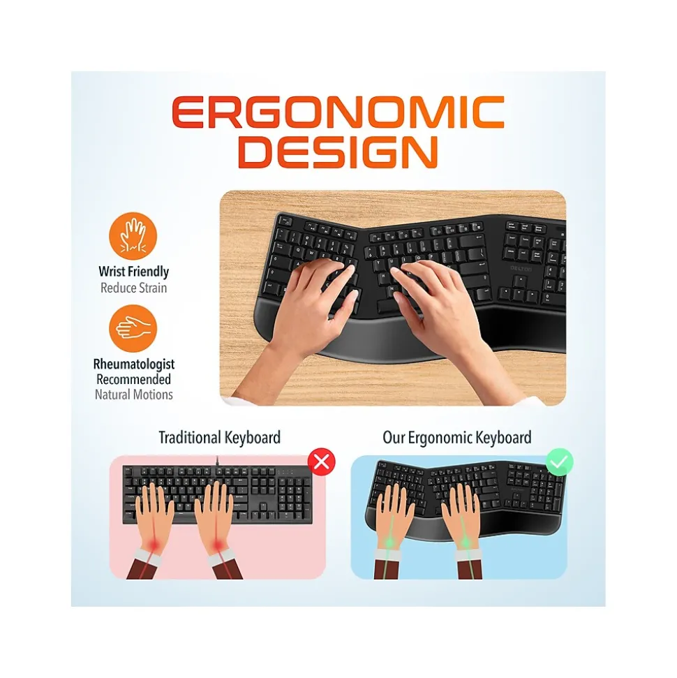 G20 Wireless Ergonomic Computer Keyboard and Optical Mouse Combo, Black (DKMKITERG20-WB) | Delton Outlet