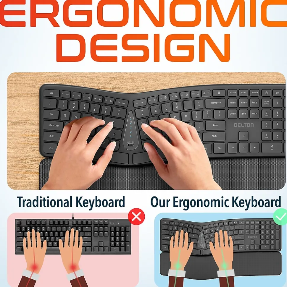 KB250 Ergonomic Wireless Curved Keyboard with Cushioned Wrist Rest, Black (DKBE250-WR) | Delton Cheap