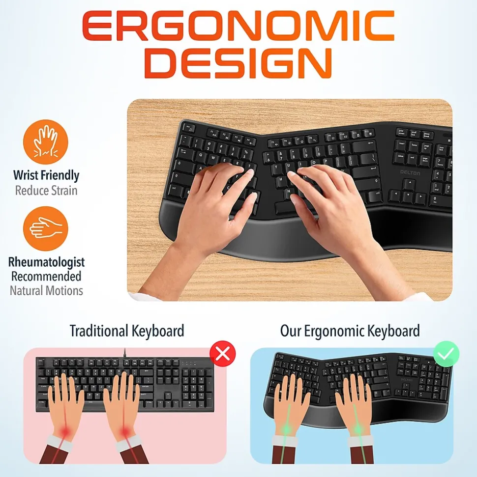 KB200 Wireless Ergonomic Keyboard, Black (DKBERG24G8-WB) | Delton Discount