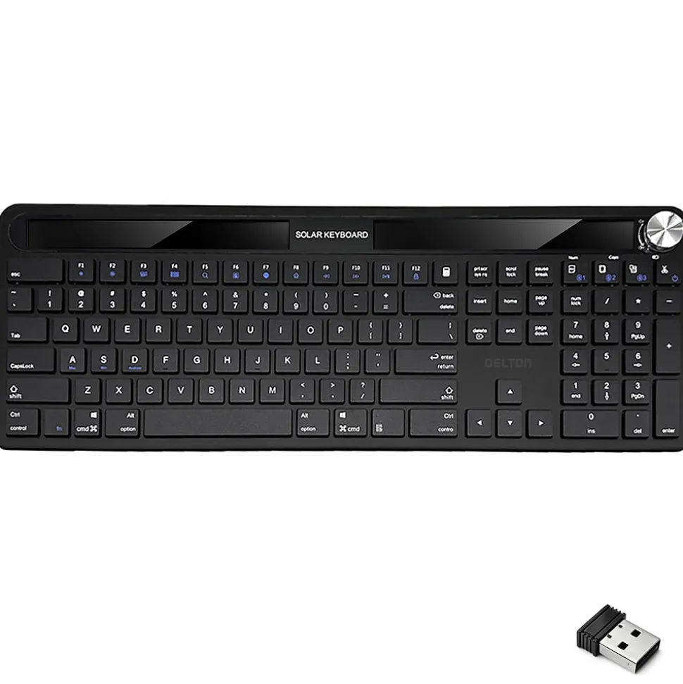 KB90 Wireless Rechargeable Solar (Light) Powered Keyboard, Black (DKBSLR90) | Delton Outlet