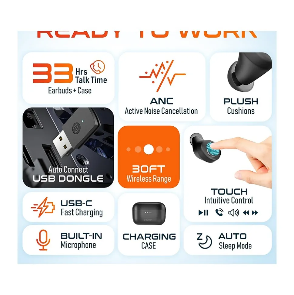 T150 Wireless Active Noise-Canceling Bluetooth Stereo Earbuds with Auto-Pairing USB Dongle, Black (DBHT150) | Delton Fashion