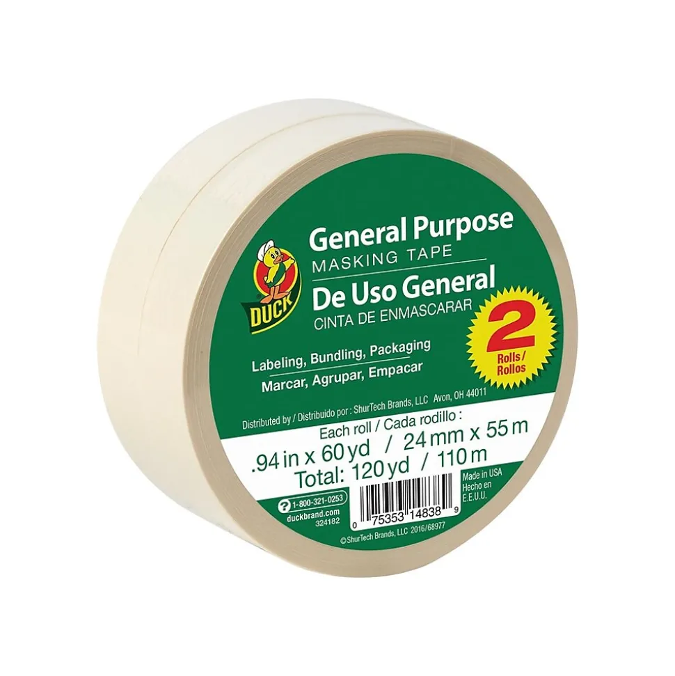 General Purpose Masking Tape, 0.94" x 60 Yds., Beige, 2/Pack (PG-2-2) | Duck Flash Sale