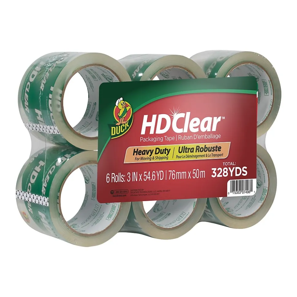 HD Clear Heavy Duty Packing Tape, 3" x 54.6 yds., Clear, 6/Pack (307352/7496) | Duck Best