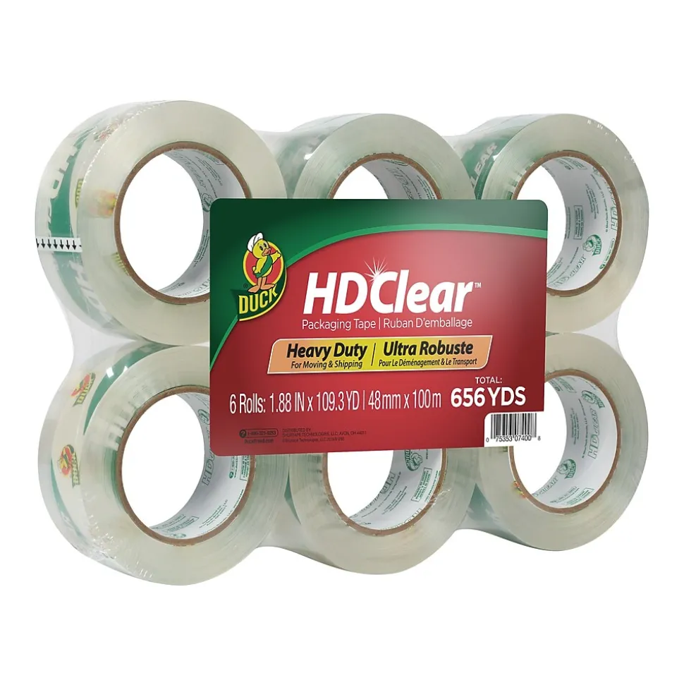 HD Clear Heavy Duty Packing Tape, 1.88" x 109.3 yds., Clear, 6/Pack (299016) | Duck Cheap