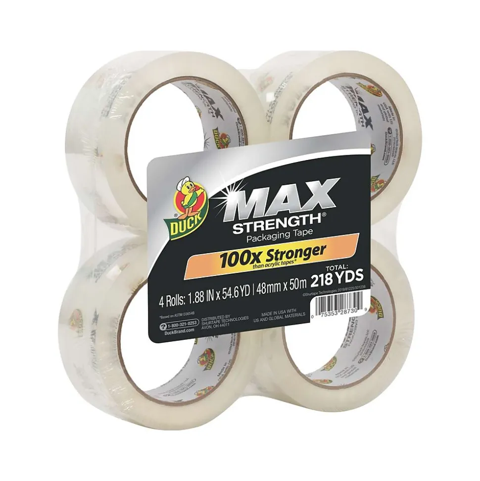 Max Strength Heavy Duty Packing Tape, 1.88" x 54.6 yds., Clear, 4/Pack (241511) | Duck Fashion