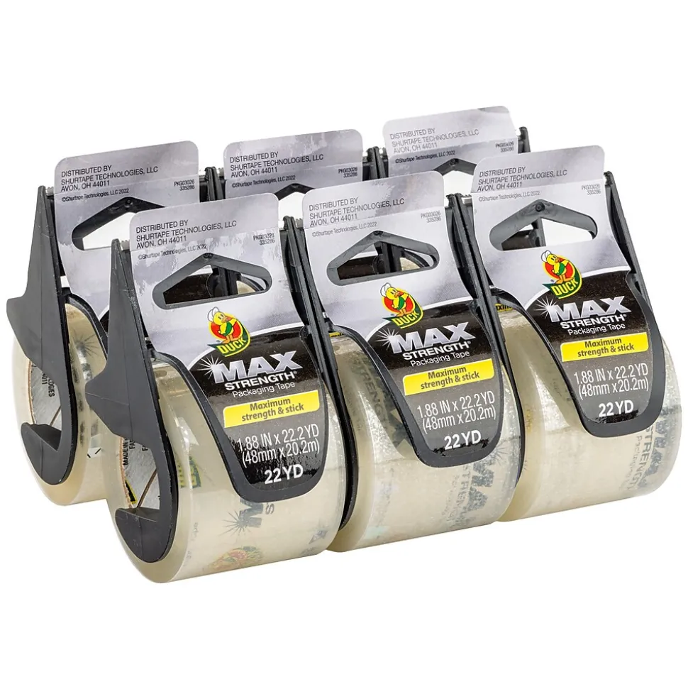 Max Strength Packaging Tape with Dispenser, 1.88" x 22 yards, Clear, 6/Pack (284983) | Duck Best