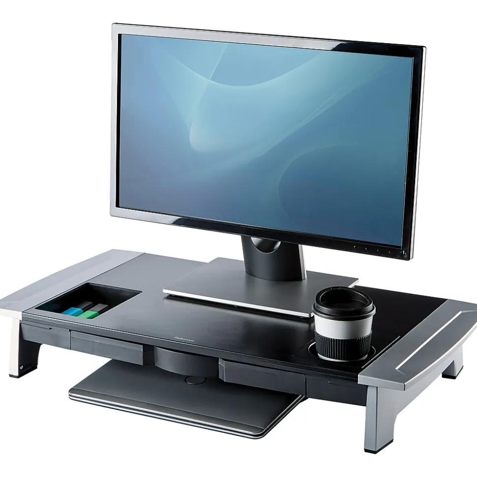 Office Suites Premium Monitor Riser, Monitors up to 80 lbs.,Black/Silver (8031001) | Fellowes Cheap