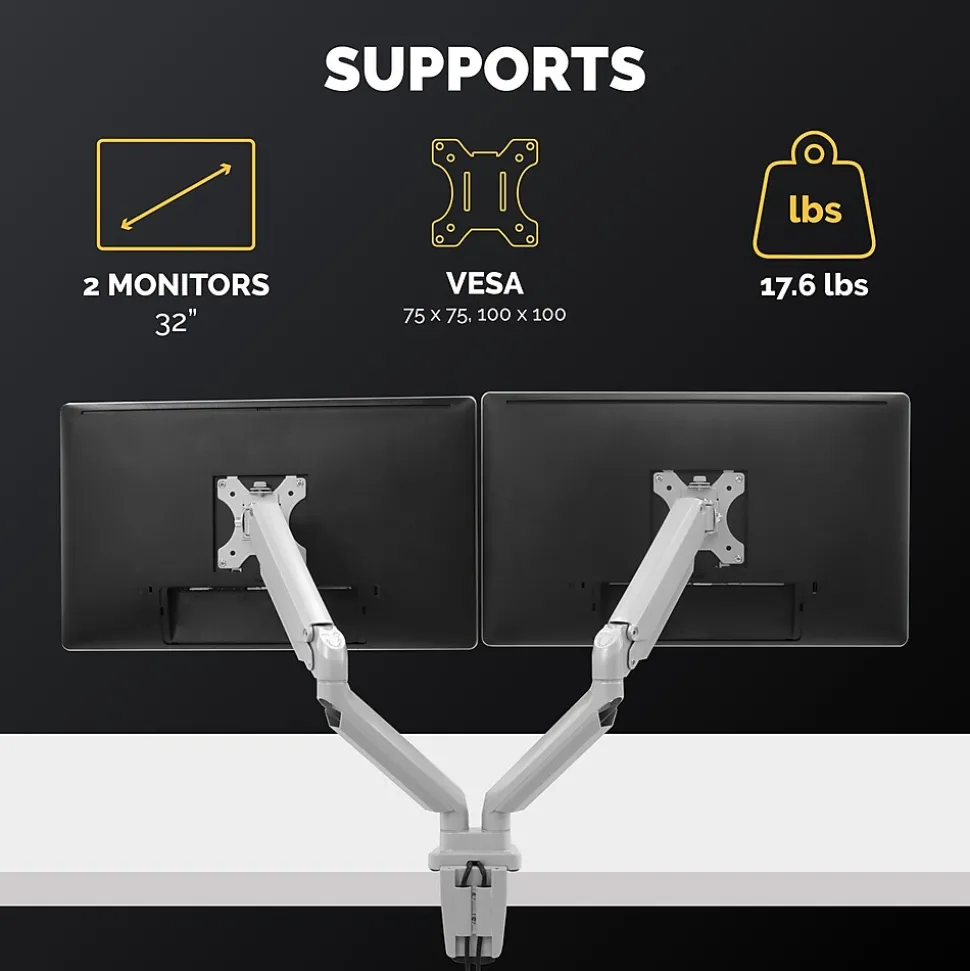 Platinum Series Adjustable Dual Arms, Up to 32" Monitor, Silver (8056501) | Fellowes Clearance
