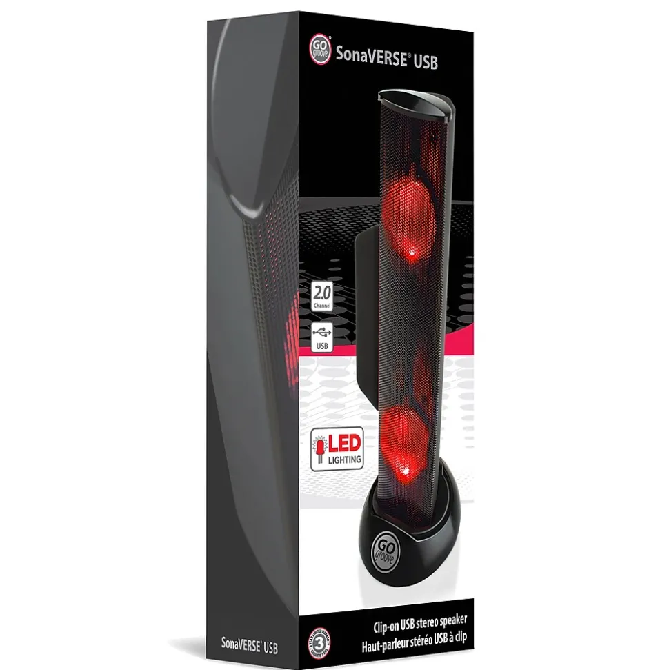 SonaVERSE Clip-on USB-A Stereo Speaker with LEDs, Red (GGSVUSB200RDWS) | Gogroove Online