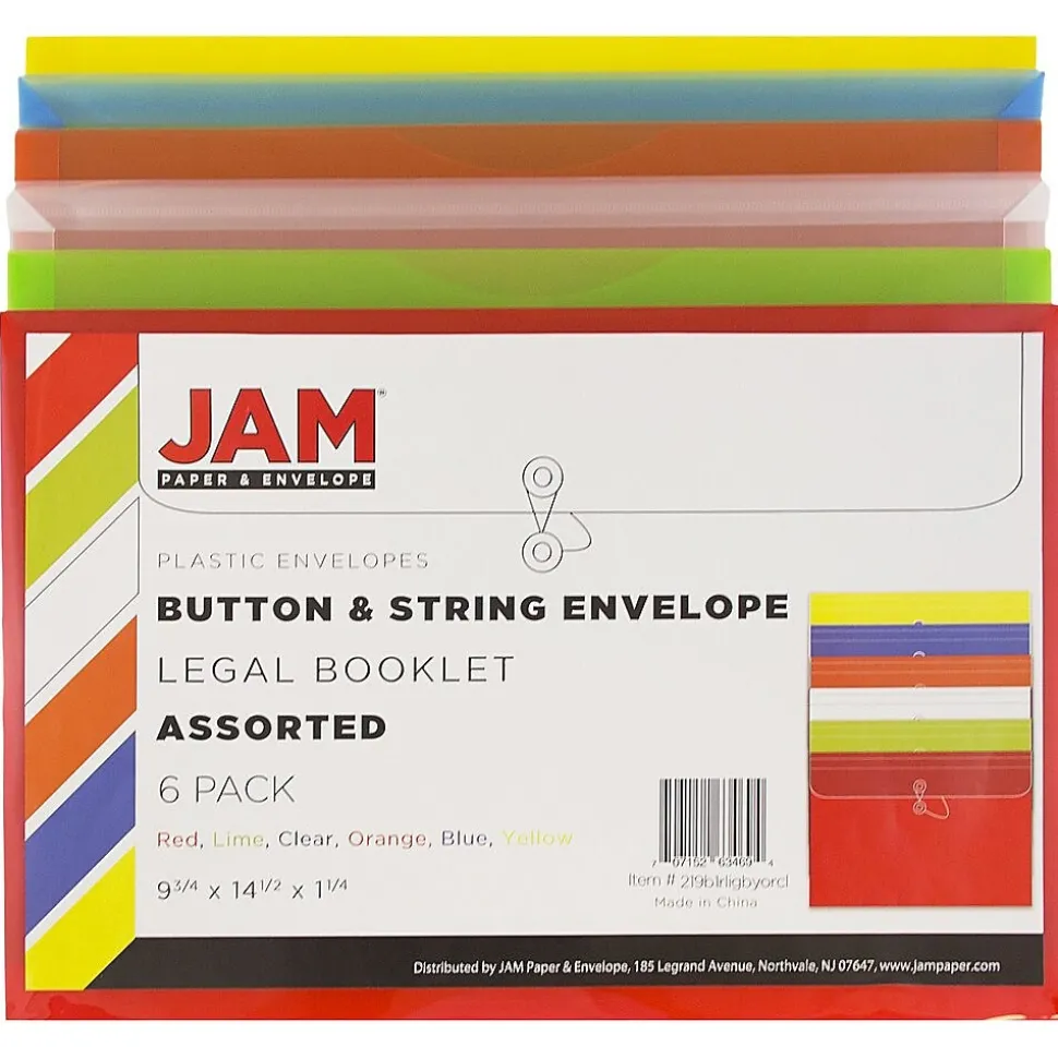 Plastic Filing Envelopes with Button & String Tie Closure, Legal Size, Assorted Colors, 6/Pack (219B1RLIGBYORCL) | JAM Paper Best Sale