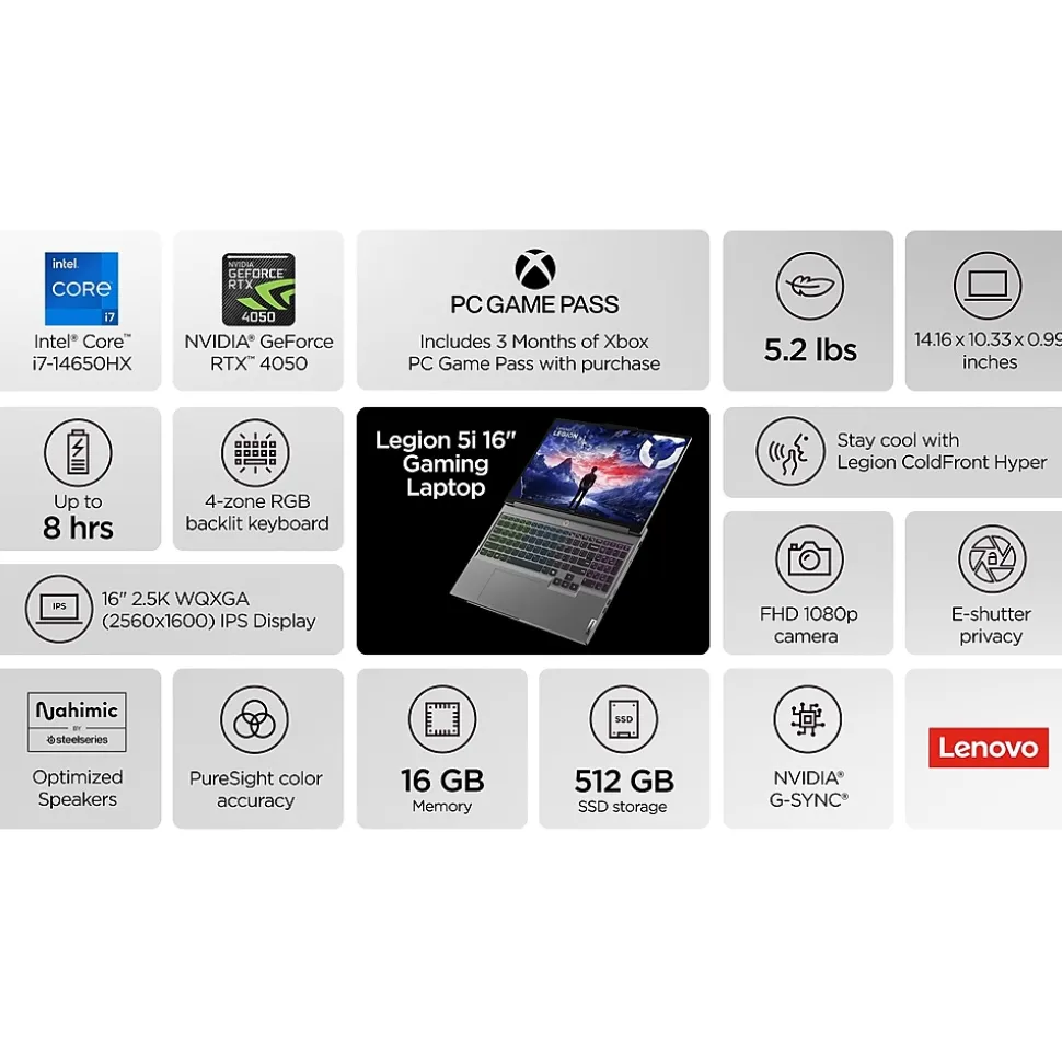 Legion 5 16" QHD 165Hz Gaming Laptop, NVIDIA GeForce RTX 4050, Intel Core i7-14650HX, 16GB, 512GB SSD, Windows 11 Home | Lenovo Flash Sale