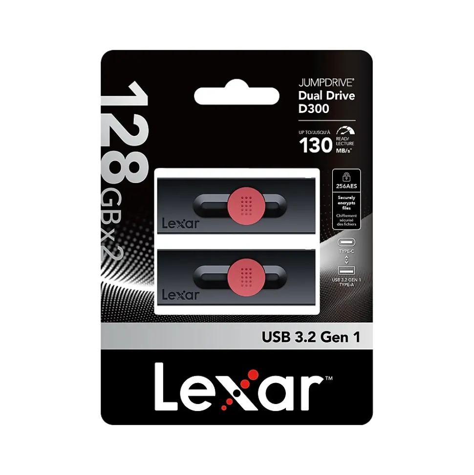 JumpDrive D300 Dual 128GB USB 3.2 Gen 1 Type-C/Type-A Flash Drive, Black/Red, 2/Pack (LJDD300128G-B2BNU) | Lexar Clearance