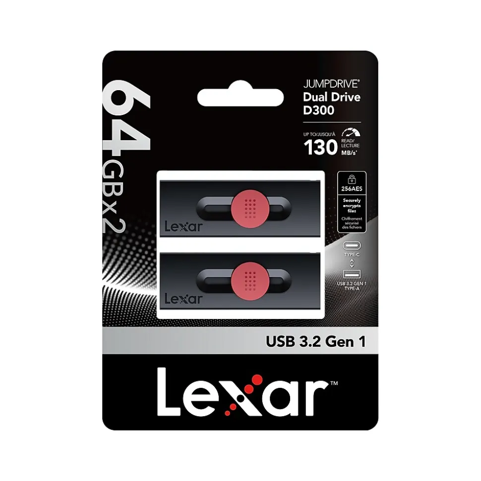 JumpDrive D300 Dual 64GB USB 3.2 Gen 1 Type-C/Type-A Flash Drive, Black/Red, 2/Pack (LJDD300064G-B2BNU) | Lexar Cheap