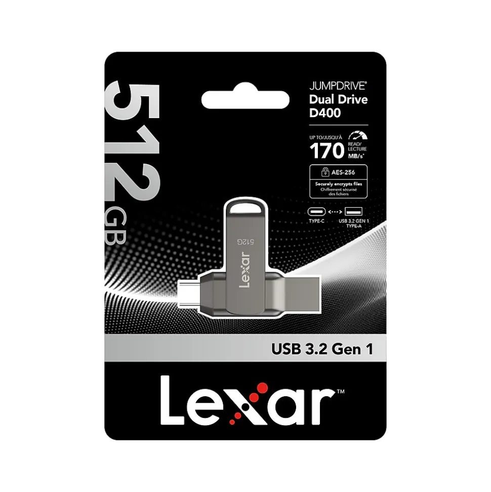 JumpDrive D400 Dual 512GB USB 3.2 Type-C/Type-A Flash Drive, Gray (LJDD400-512G-BNQNU) | Lexar Fashion