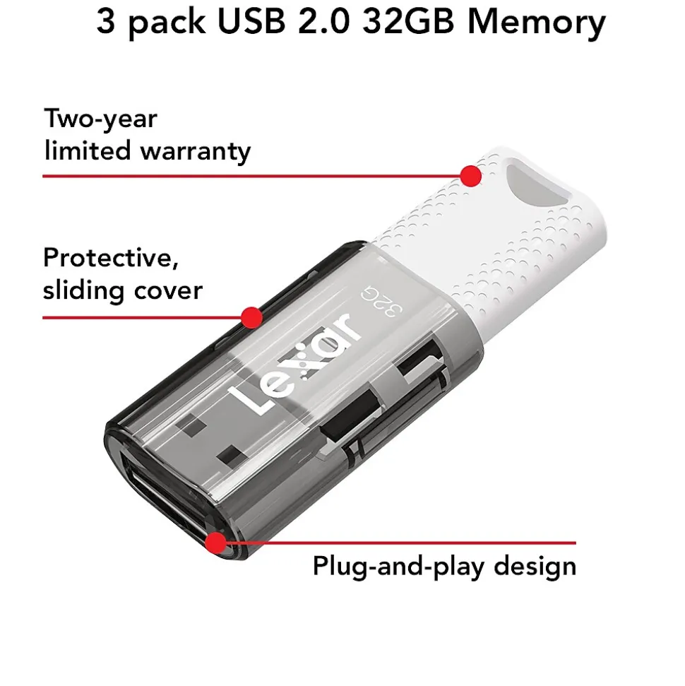 JumpDrive S60 32GB USB 2.0 Type A Flash Drive, Grey/White, 3/Pack (LJDS60-32GB3NNU) | Lexar Outlet