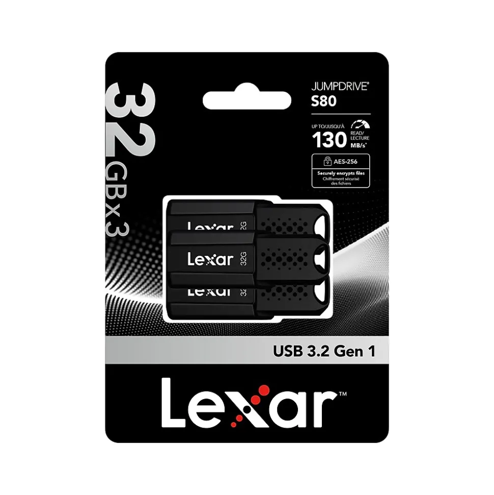 JumpDrive S80 32GB USB 3.2 Type-A Flash Drive, Black, 3/Pack (LJDS080032G-BNBNU3) | Lexar Clearance