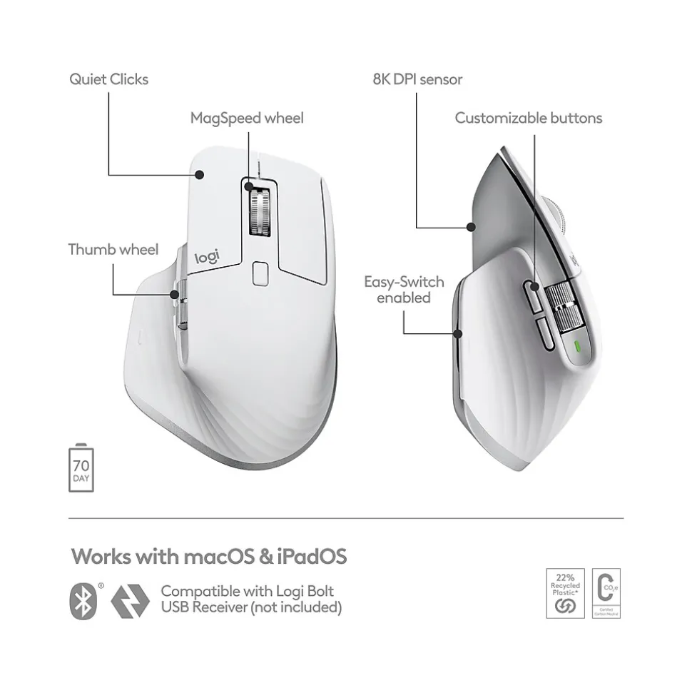 MX Master 3S for Mac Ergonomic Wireless Optical Bluetooth Mouse, Pale Gray (910006570) | Logitech Online