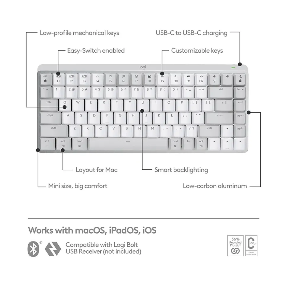 MX Mechanical Mini for Mac Wireless Ergonomic Keyboard, Pale Gray (920-010553) | Logitech Outlet