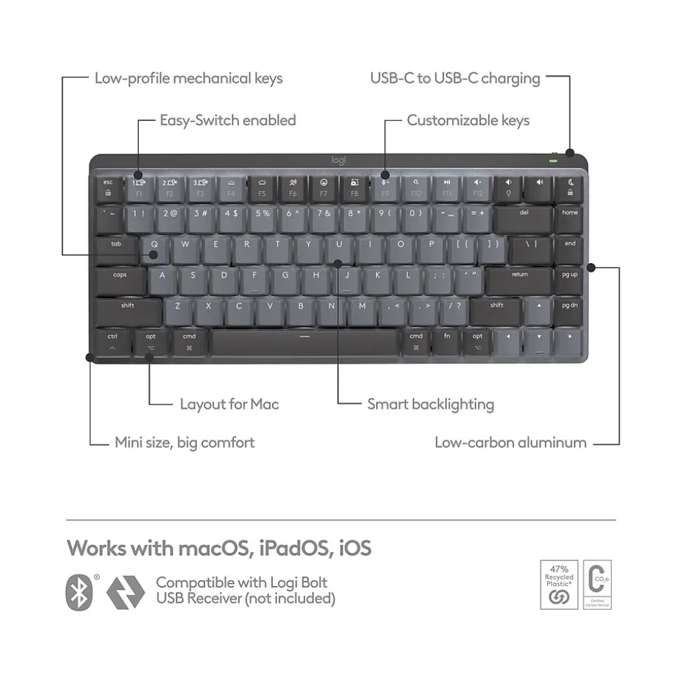 MX Mechanical Mini Wireless Ergonomic Keyboard for Mac, Space Gray (920-010831) | Logitech Clearance
